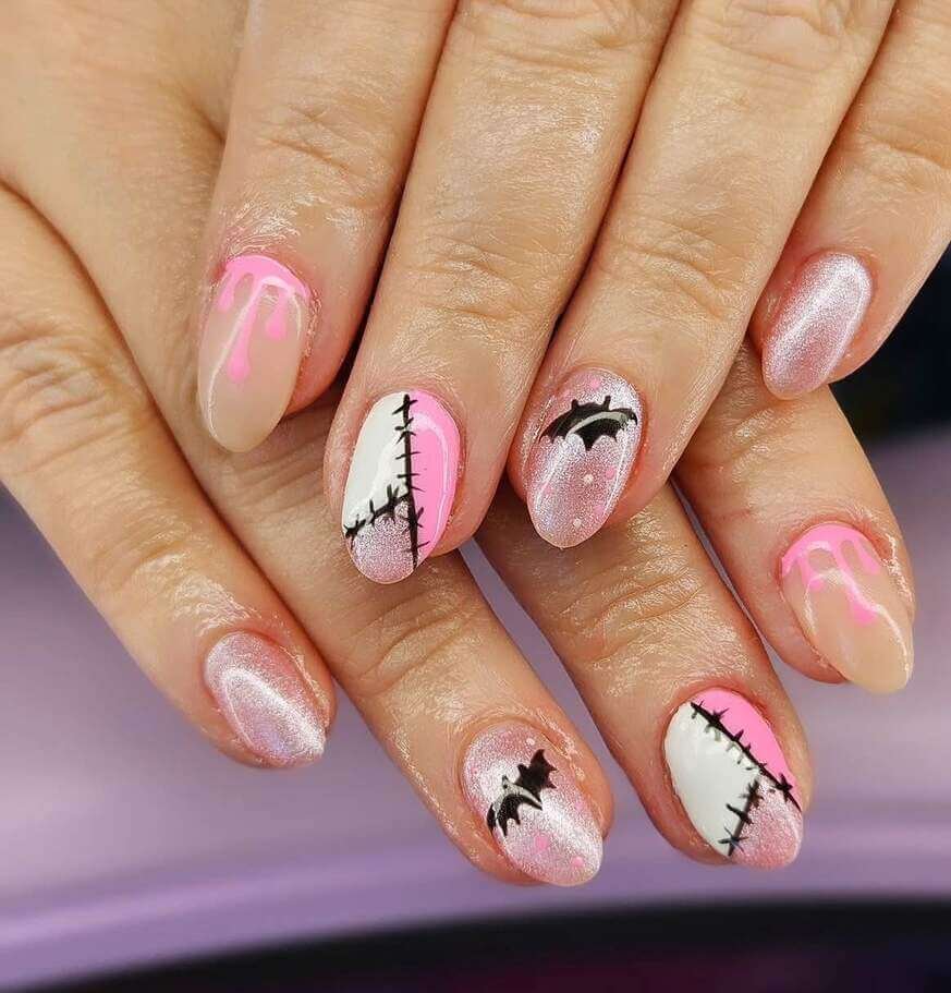 almond pink halloween nails