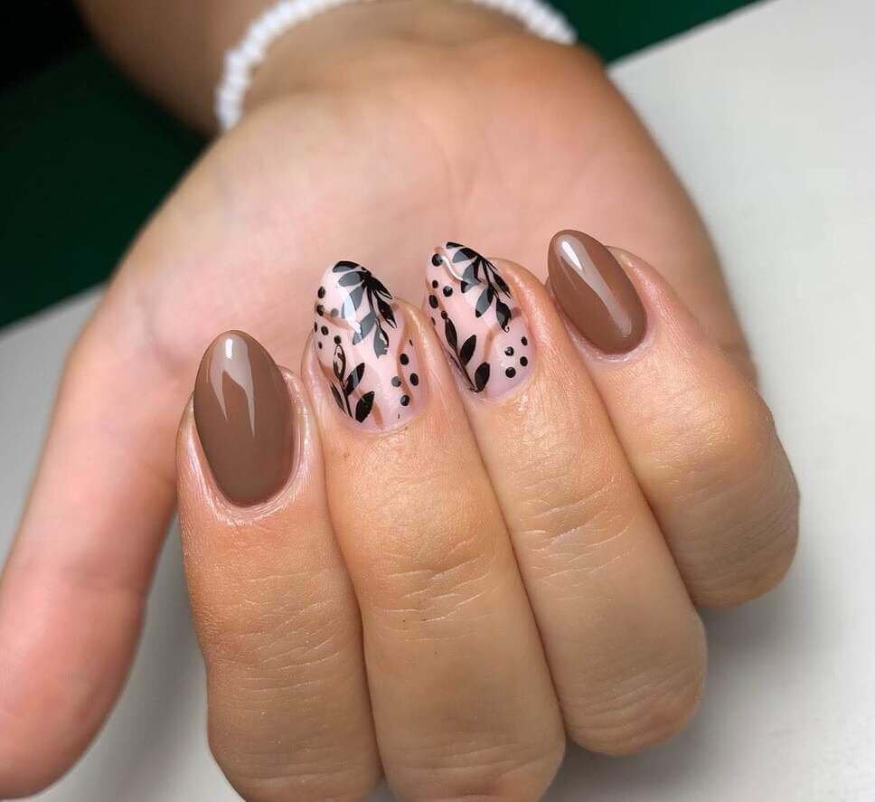 brown floral nails