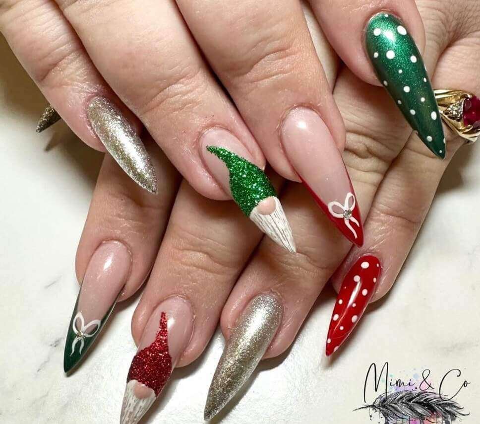 red and green christmas gnome nails
