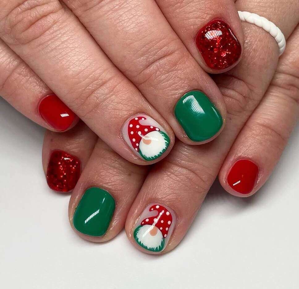 red and green christmas gnome nail designs 