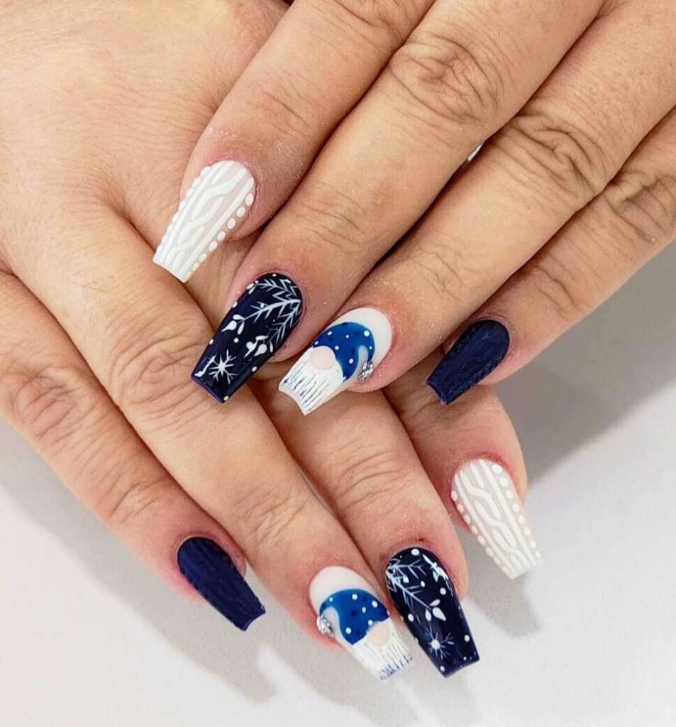 white and blue christmas gnome nail designs 