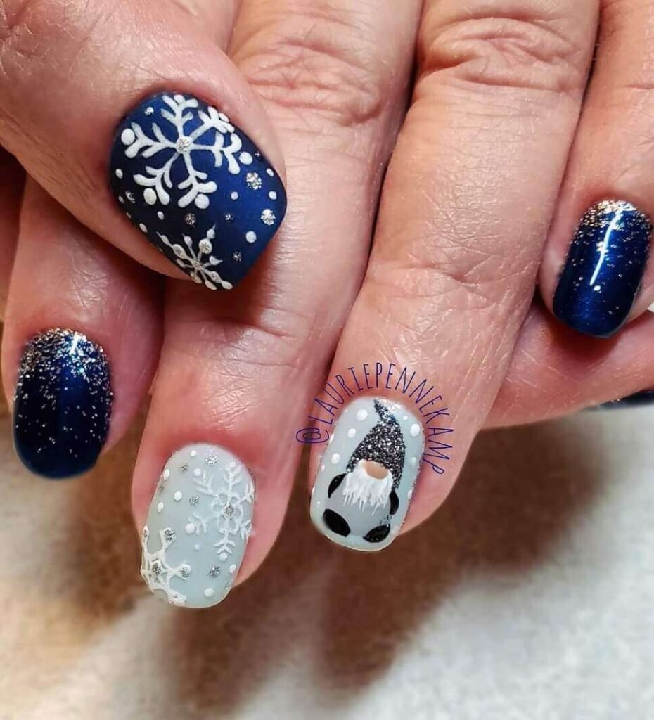 blue christmas gnome nail designs