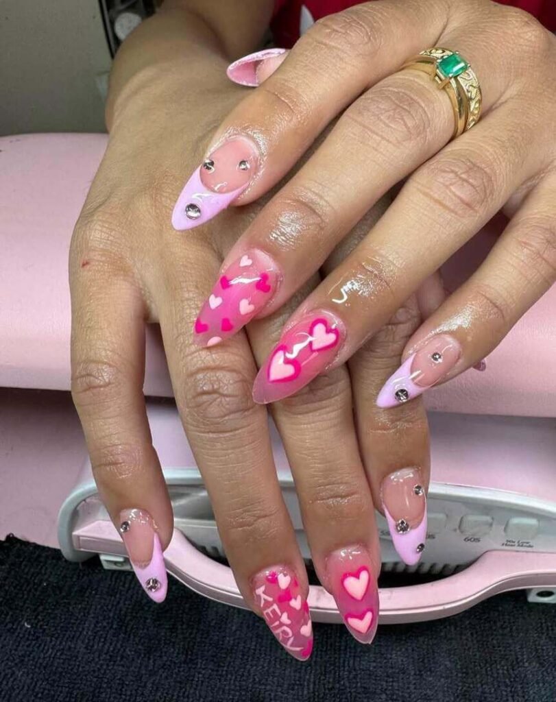 pink Valentine's nail designs with rhinestones