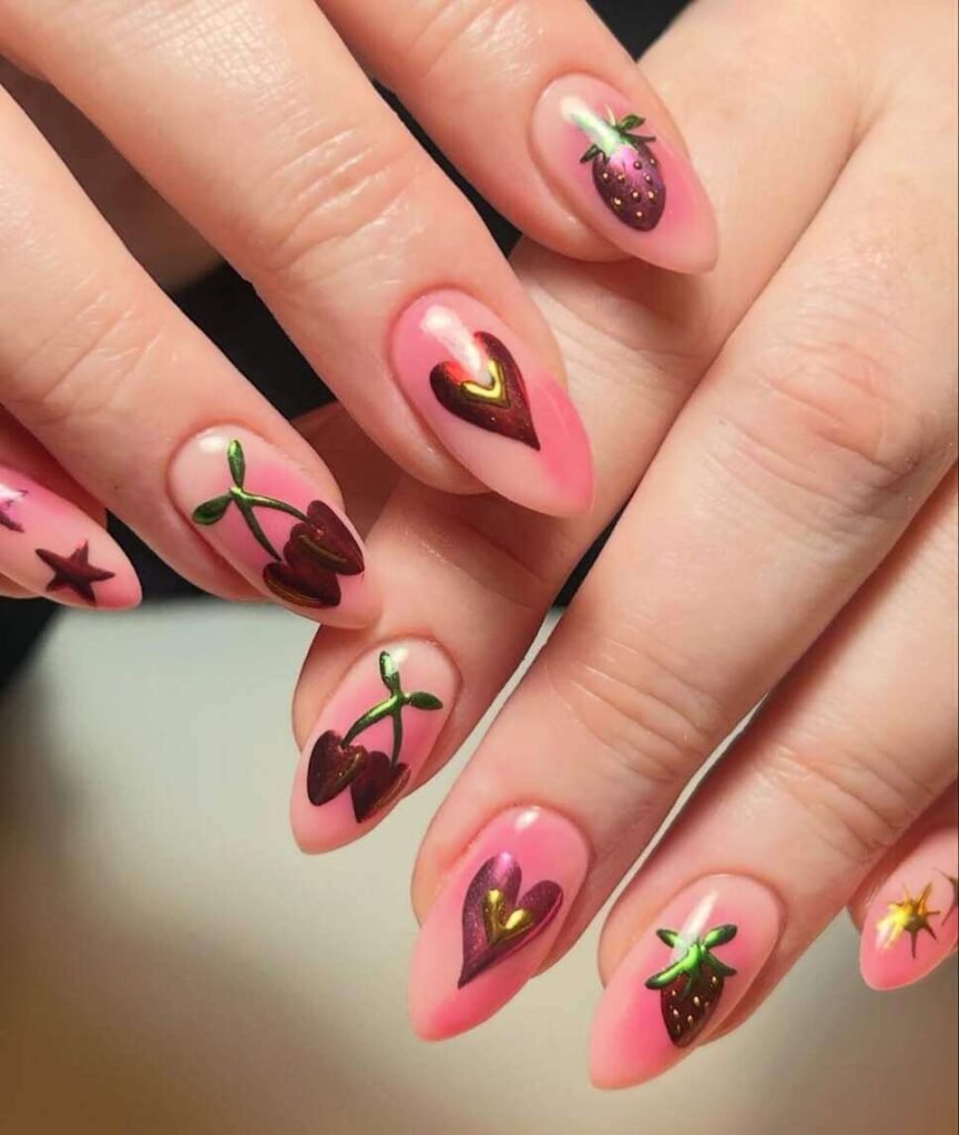 pink cherry Valentine's nail designs 