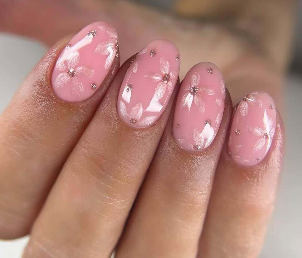 pink flower spring nails