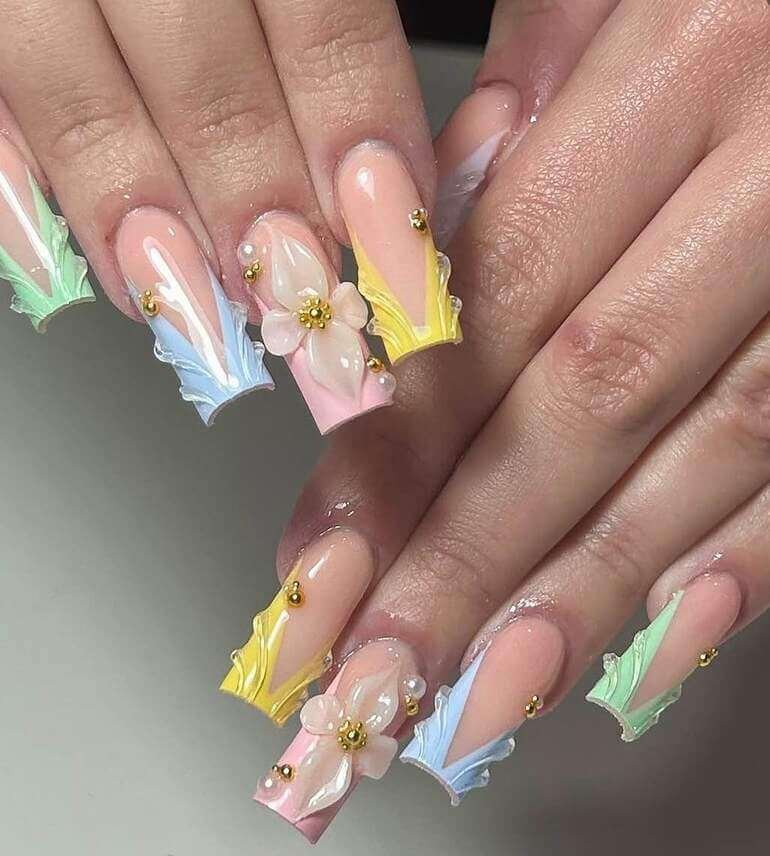 long pastel floral easter nails