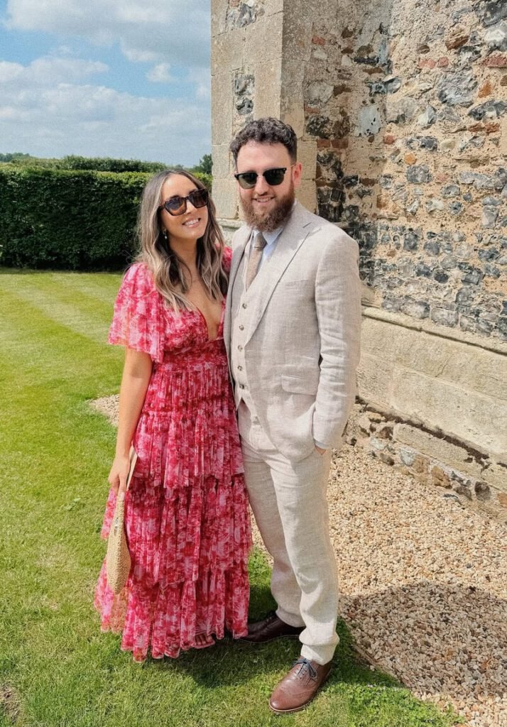 spring wedding guest outfit floral dress