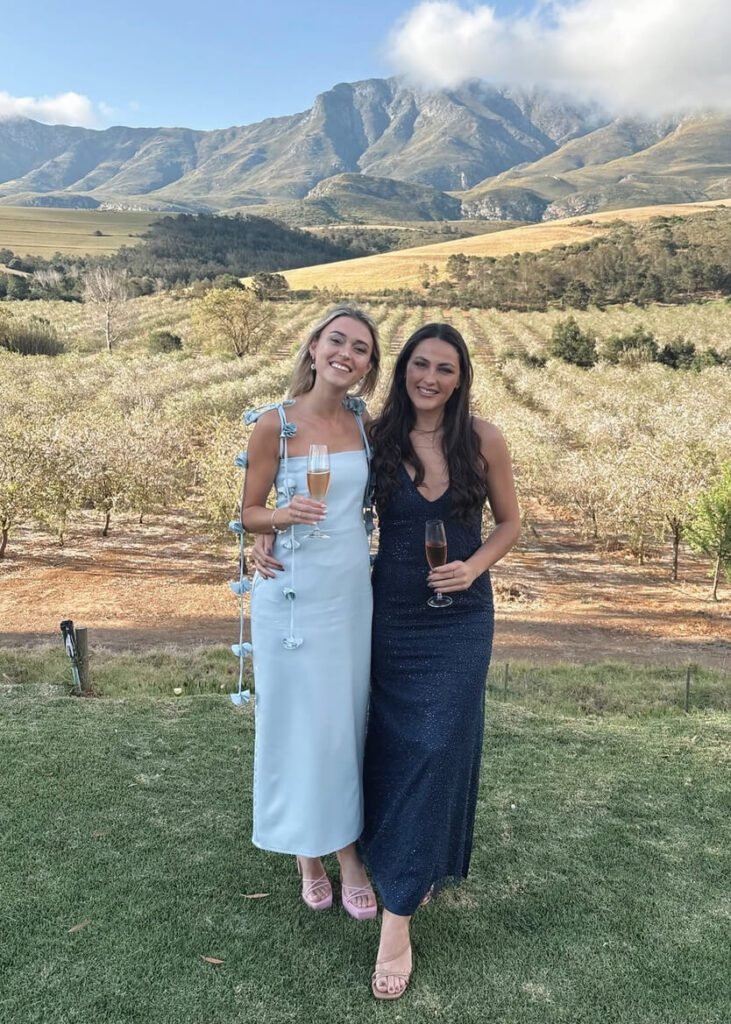 spring wedding guest outfit blue dress