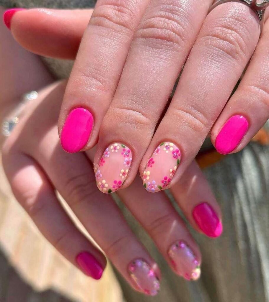 pink floral nails 