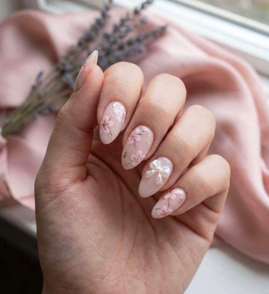 almond pink floral nails