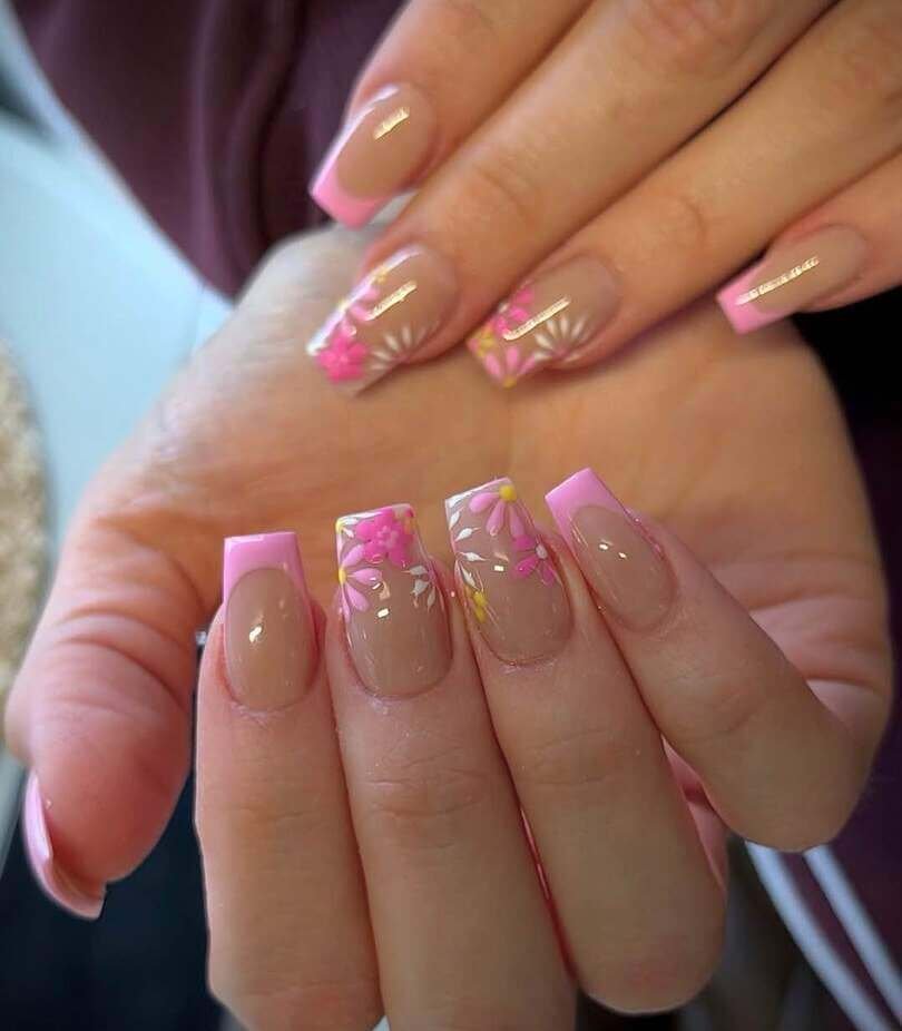 pink floral nails 