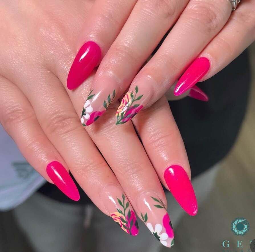 hot pink floral nails 