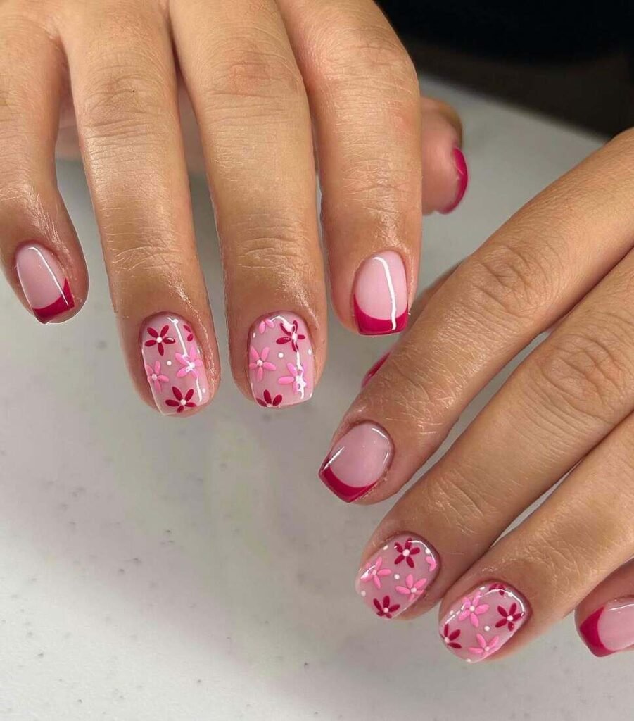 pink floral nails 
