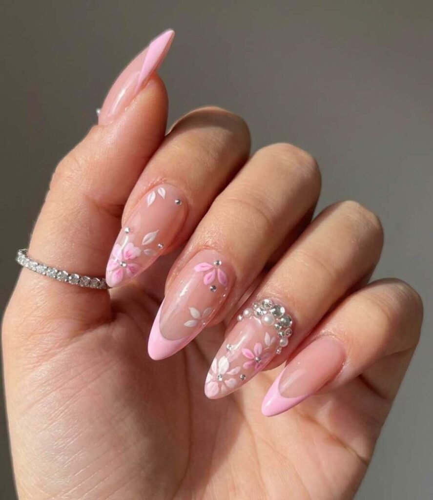 long pastel pink floral nails 