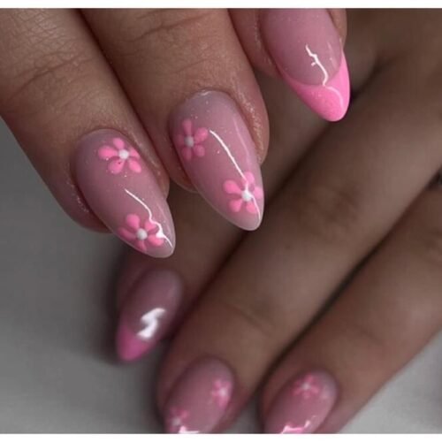 pink floral nails