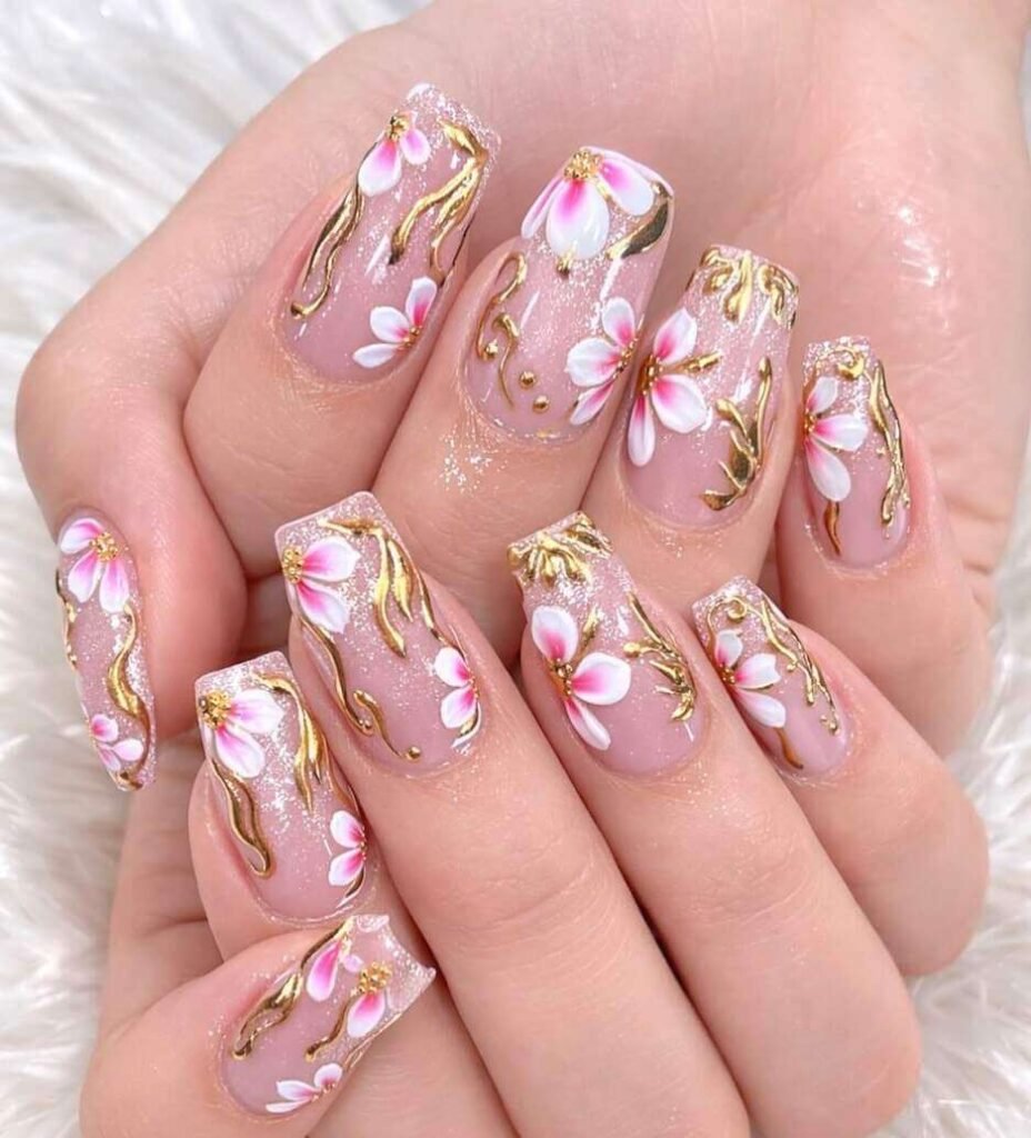 gold and pink nails