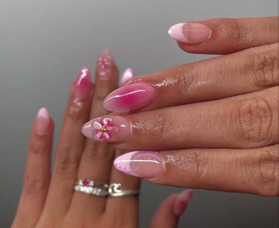 ombre pink floral nails