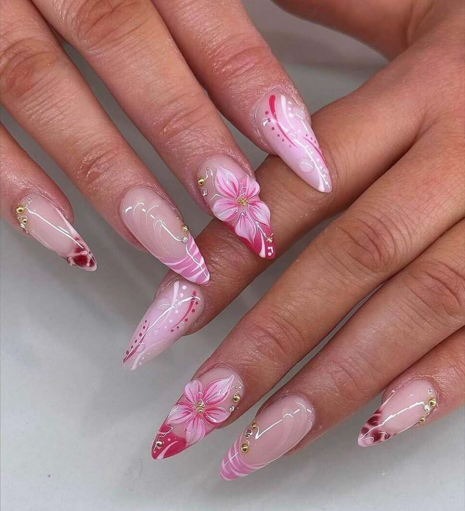 pink floral nails 