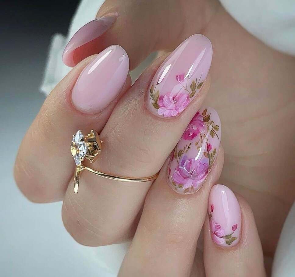 pastel pink floral nails