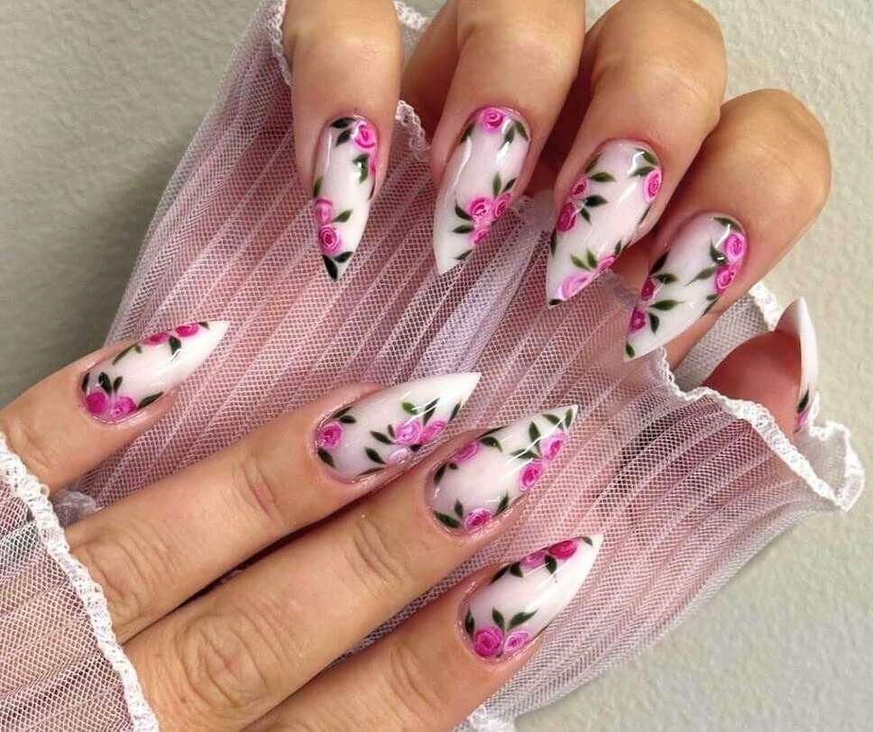 long pink floral nails