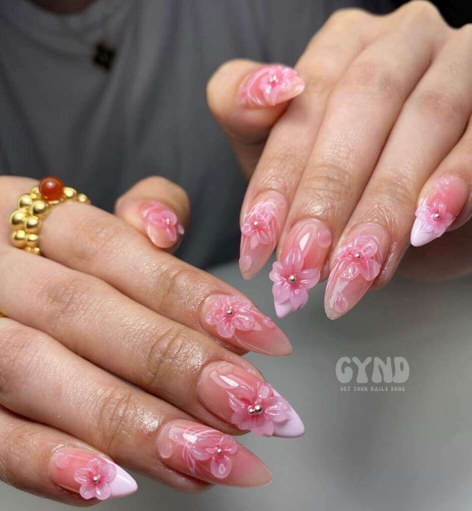 pink floral nails 