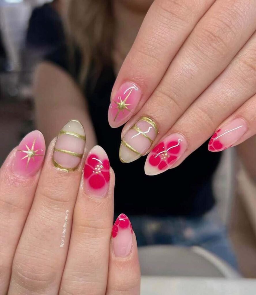 pink summer floral nails