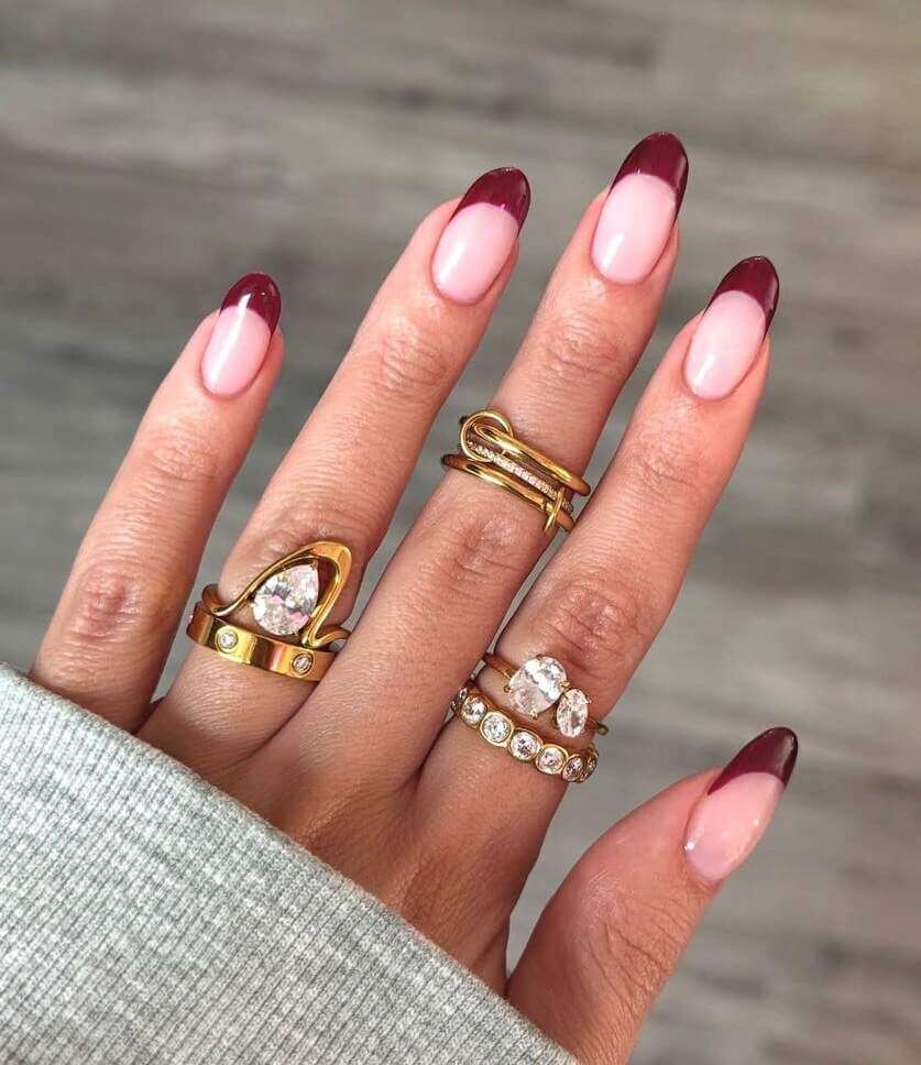 french tip maroon nails 