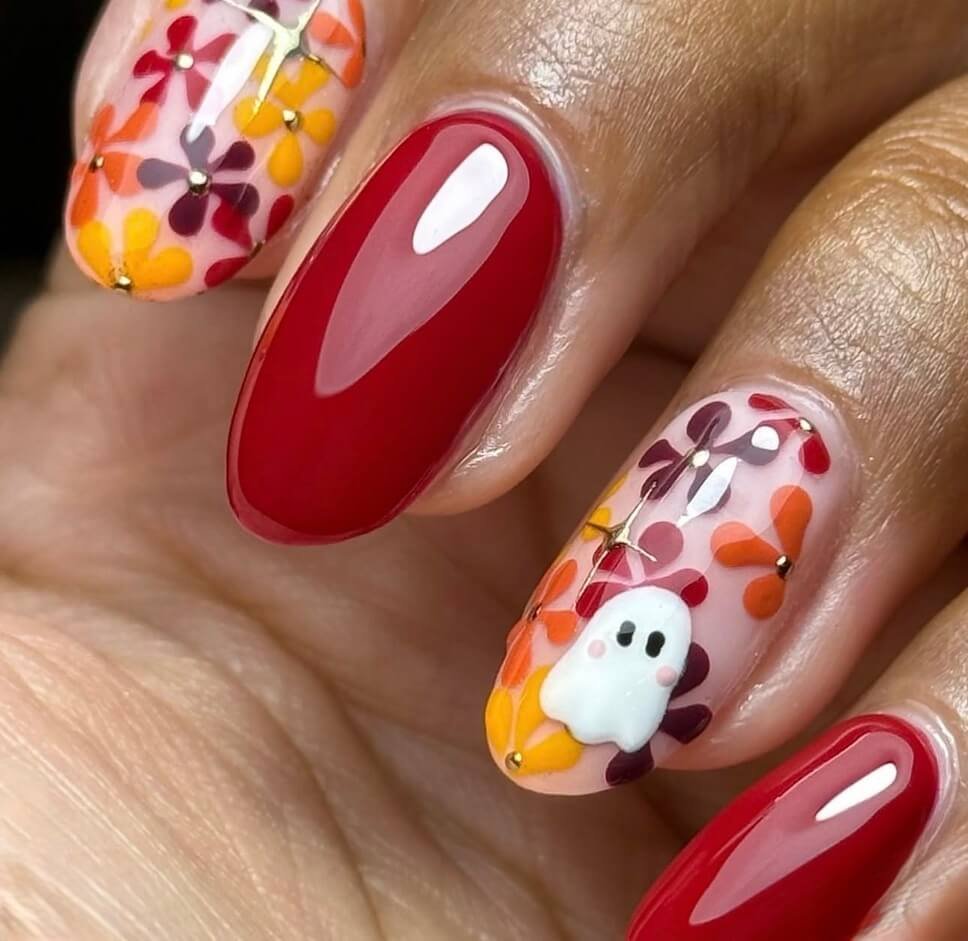 floral red halloween nails 