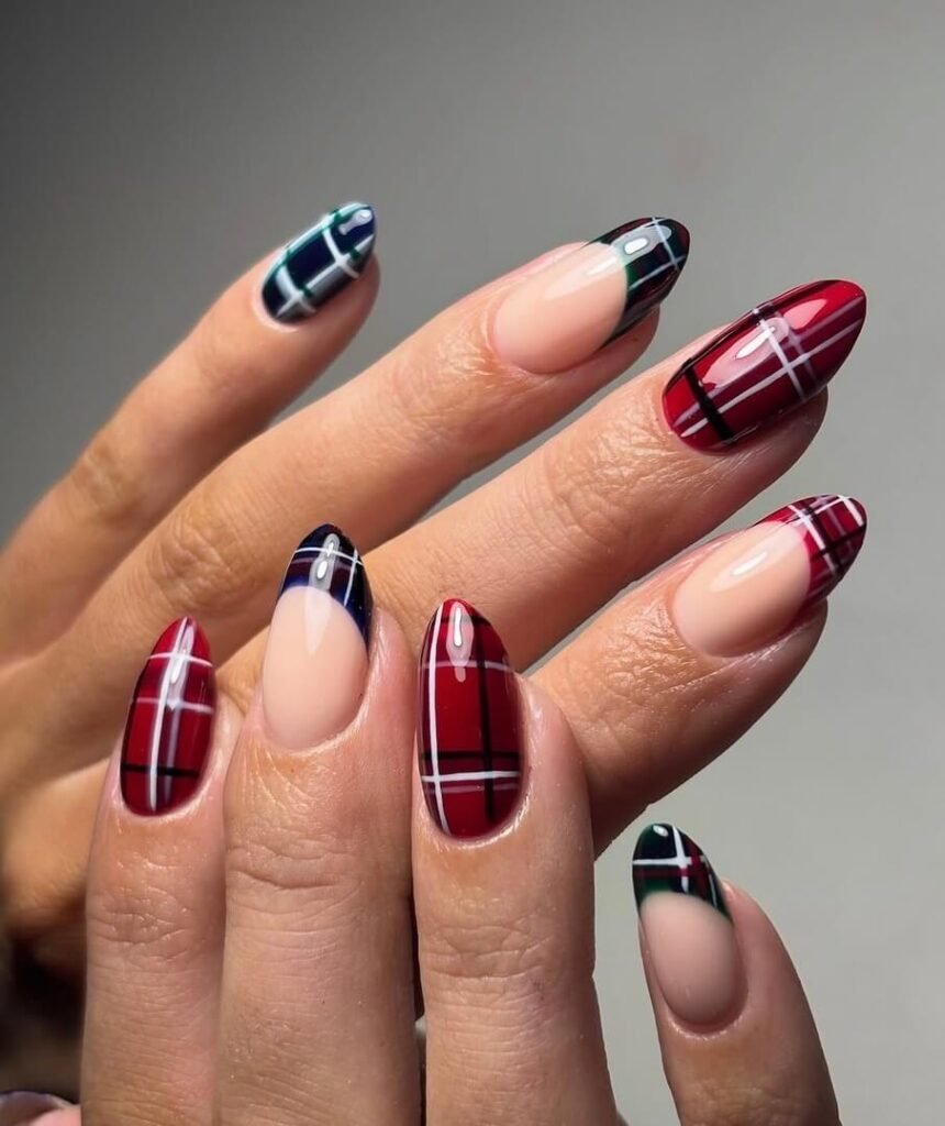 almond plaid nails