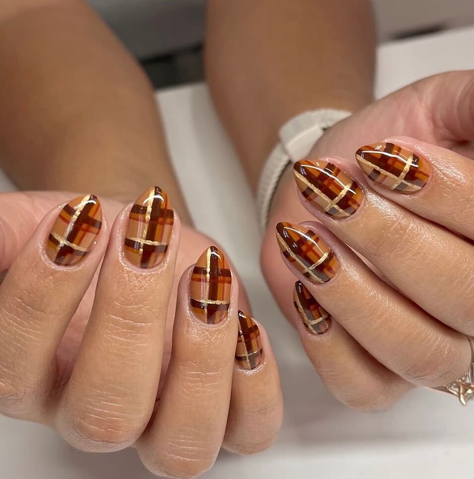 brown plaid nails for fall