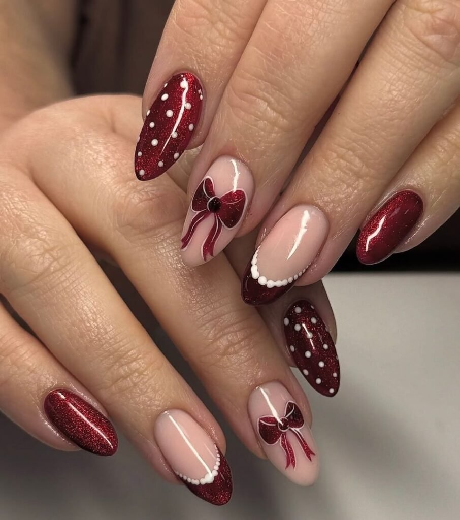 polka dot red bow nails 