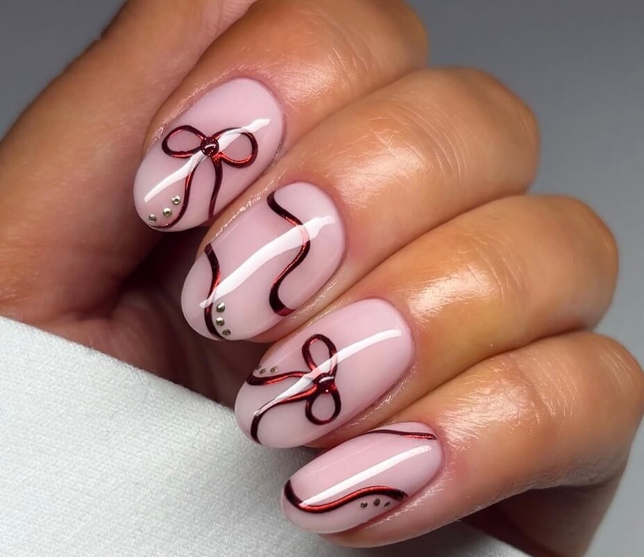 short red bow nails 